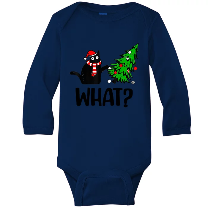 Funny Black Cat Gift Pushing Christmas Tree Over Cat What Cool Gift Baby Long Sleeve Bodysuit