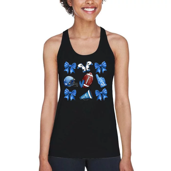 Funny Blue Cheer Football Game Day Coquette Bow Touchdown Gift Women's Racerback Tank