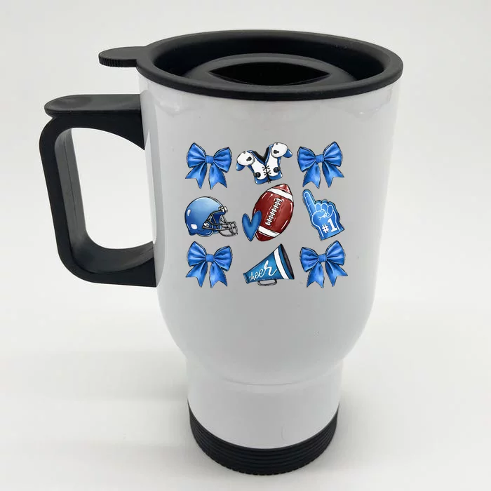 Funny Blue Cheer Football Game Day Coquette Bow Touchdown Gift Front & Back Stainless Steel Travel Mug