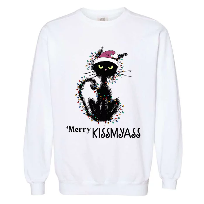 Funny Black Cat Merry Kissmyass Xmas Pajamas Chritsmas Garment-Dyed Sweatshirt