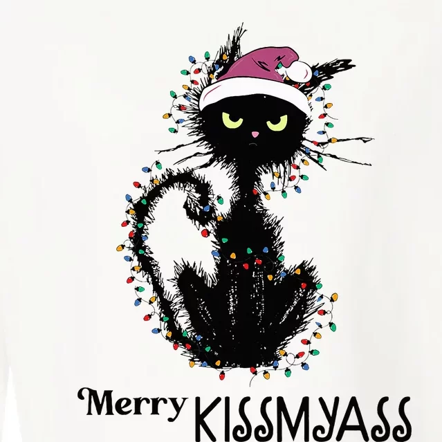 Funny Black Cat Merry Kissmyass Xmas Pajamas Chritsmas Cropped Pullover Crew