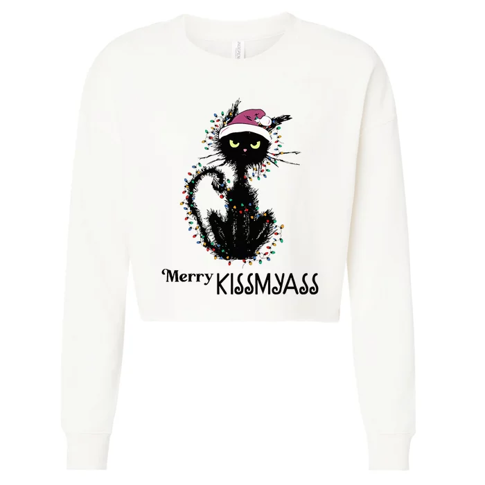 Funny Black Cat Merry Kissmyass Xmas Pajamas Chritsmas Cropped Pullover Crew