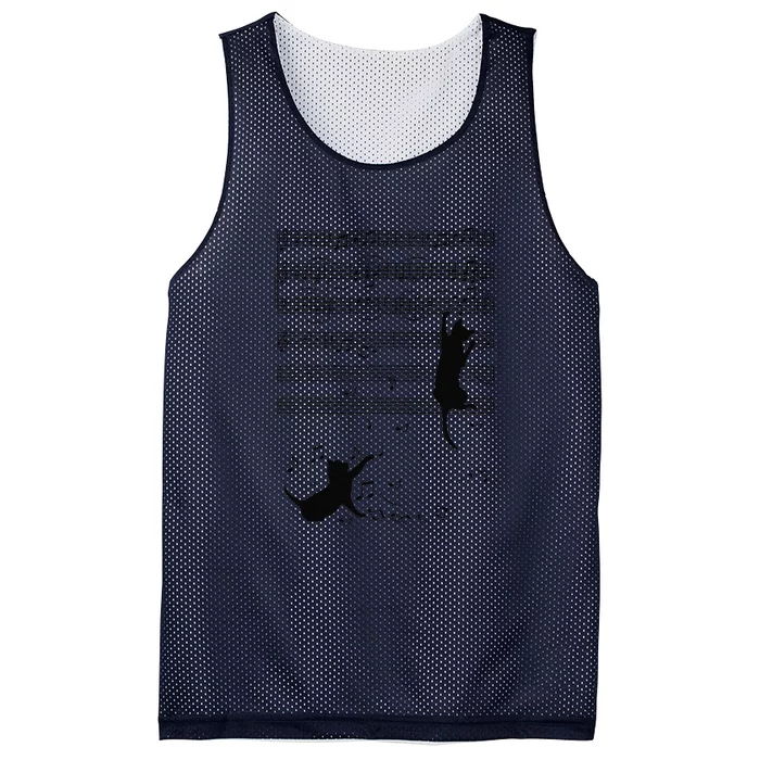 Funny Black Cat Climbing Playing Sheet Music Note Gift Idea Mesh Reversible Basketball Jersey Tank