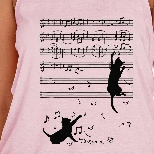 Funny Black Cat Climbing Playing Sheet Music Note Gift Idea Women's Knotted Racerback Tank