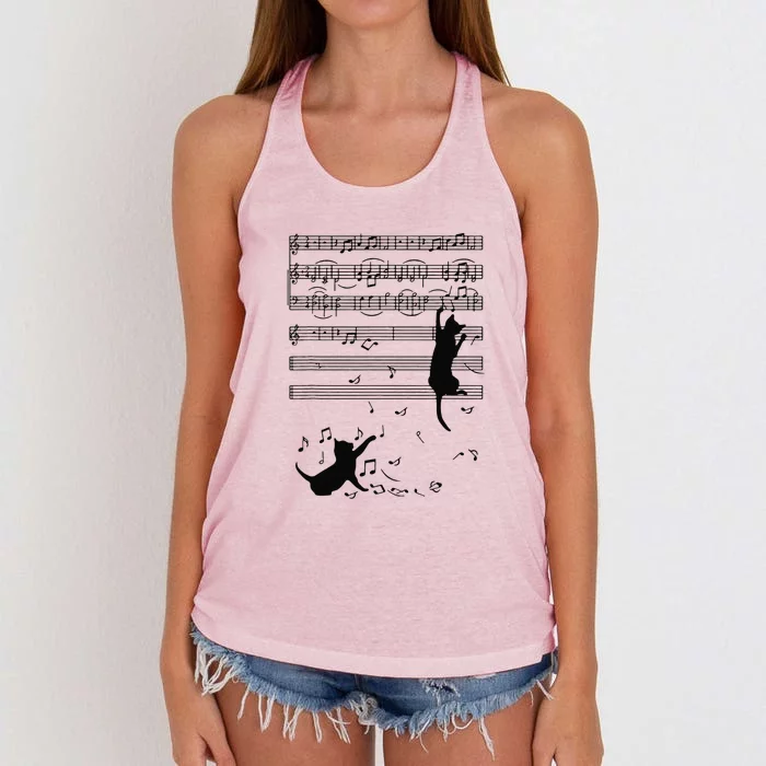 Funny Black Cat Climbing Playing Sheet Music Note Gift Idea Women's Knotted Racerback Tank