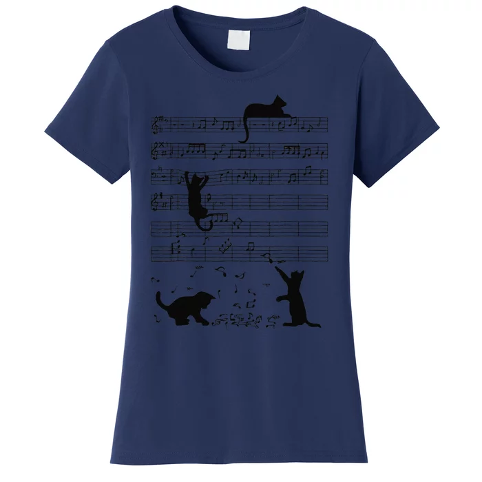 Funny Black Cat Climbing Playing Sheet Music Note Lover Cat Women's T-Shirt