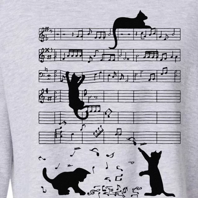 Funny Black Cat Climbing Playing Sheet Music Note Lover Cat Cropped Pullover Crew