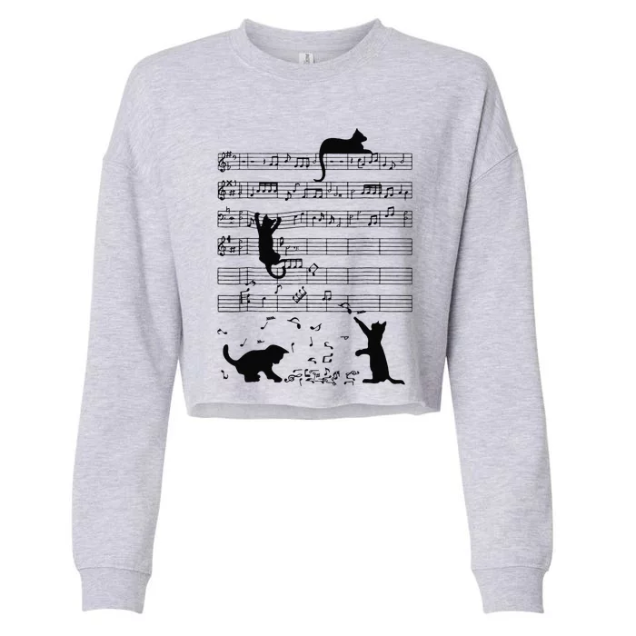 Funny Black Cat Climbing Playing Sheet Music Note Lover Cat Cropped Pullover Crew