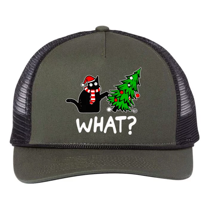 Funny Black Cat Gift Pushing Christmas Tree Over Cat What Retro Rope Trucker Hat Cap