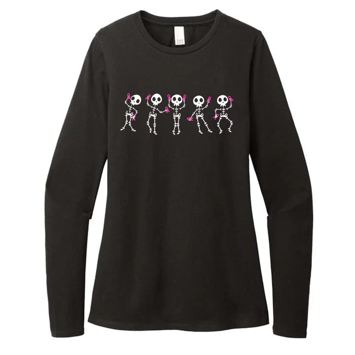 Funny Breast Cancer Awareness Dancing Halloween Skeletons Womens CVC Long Sleeve Shirt