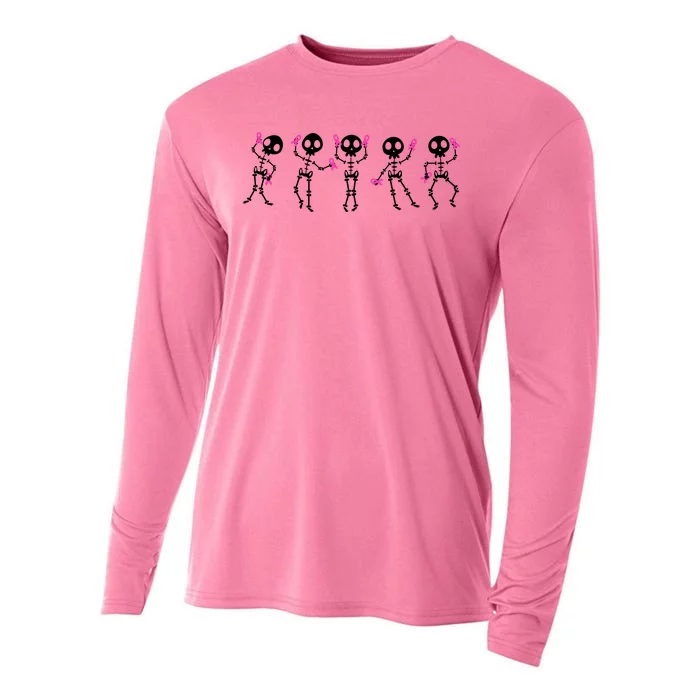 Funny Breast Cancer Awareness Dancing Halloween Skeletons Cooling Performance Long Sleeve Crew