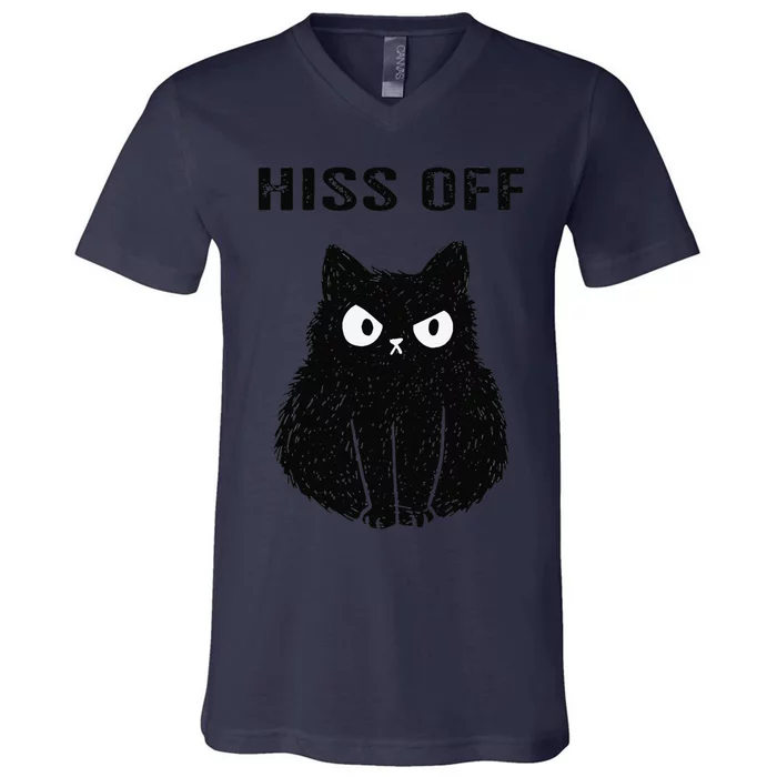 Funny Black Cat Hiss Off Meow Cat V-Neck T-Shirt