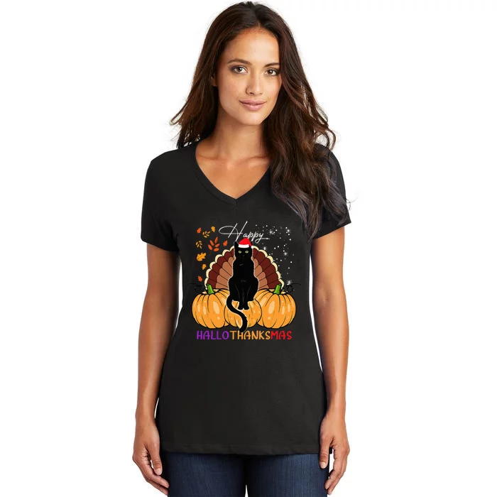 Festive Black Cat Santa Hat for Pumpkin Season Women's V-Neck T-Shirt