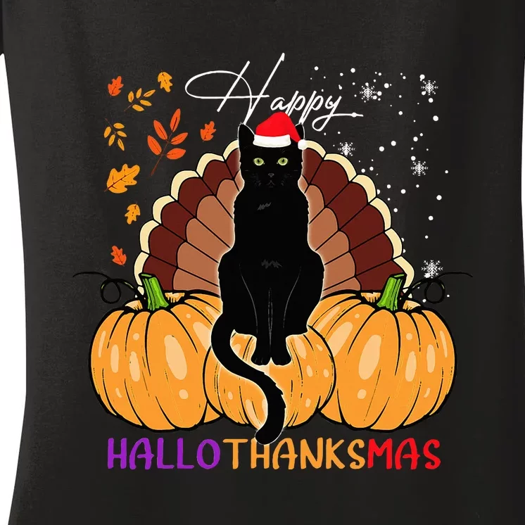 Festive Black Cat Santa Hat for Pumpkin Season Women's V-Neck T-Shirt