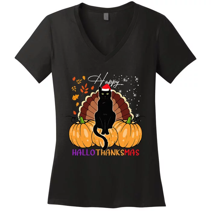 Festive Black Cat Santa Hat for Pumpkin Season Women's V-Neck T-Shirt