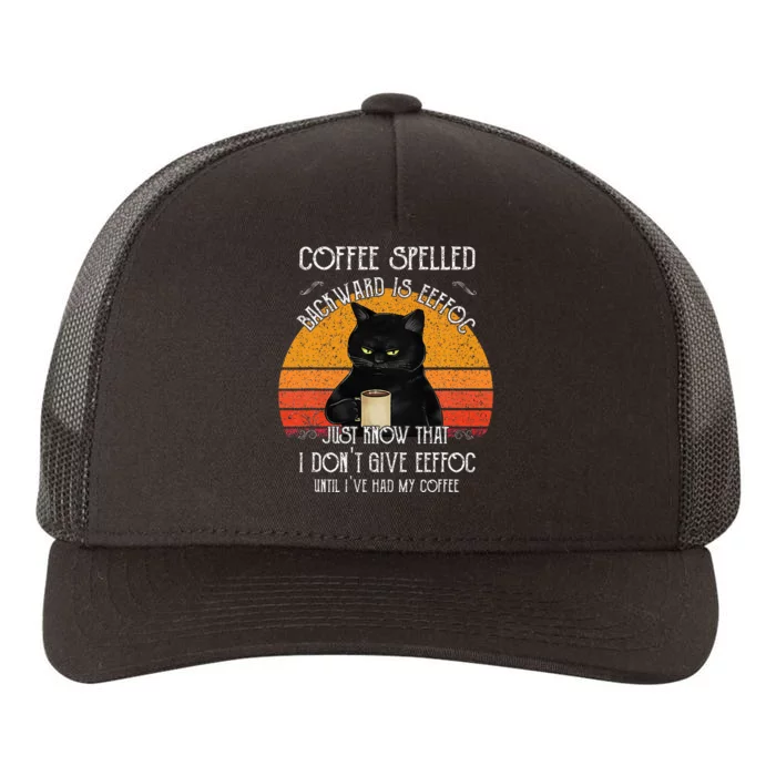 Funny Black Cat Coffee Spelled Backwards Is Eeffoc Yupoong Adult 5-Panel Trucker Hat