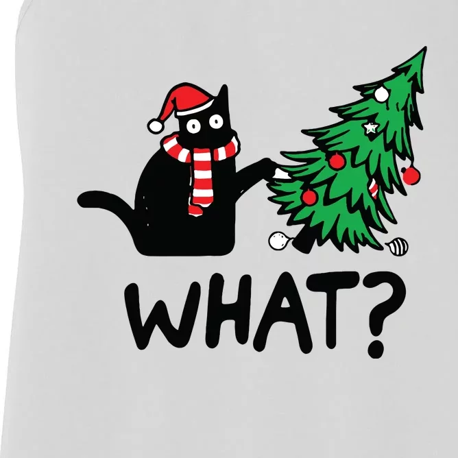 Funny Black Cat Gift Pushing Christmas Tree Over Cat What Women's Racerback Tank