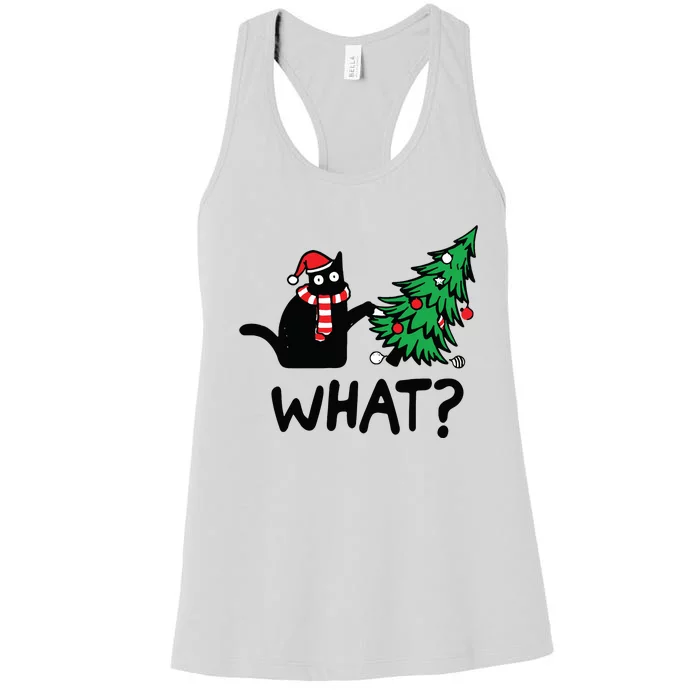 Funny Black Cat Gift Pushing Christmas Tree Over Cat What Women's Racerback Tank