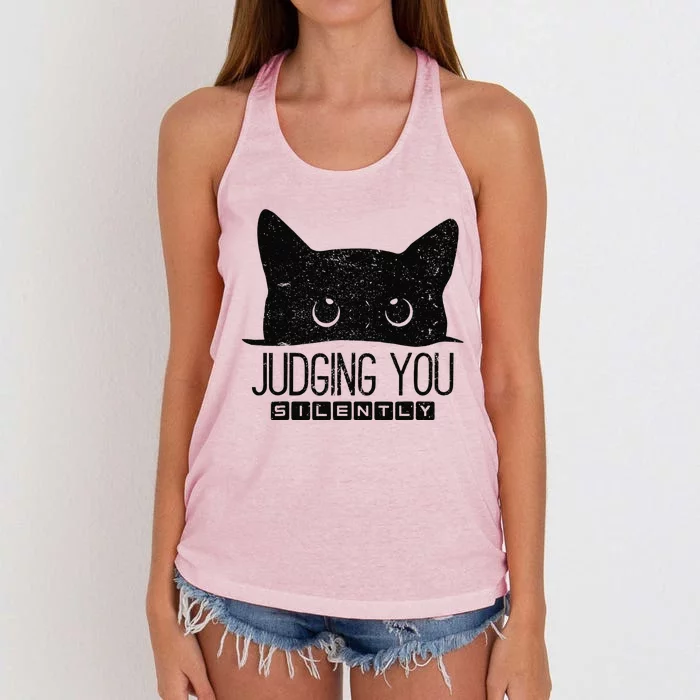 Funny Black Cat Judging You Silently Sarcastic Cat Mom Gift Women's Knotted Racerback Tank