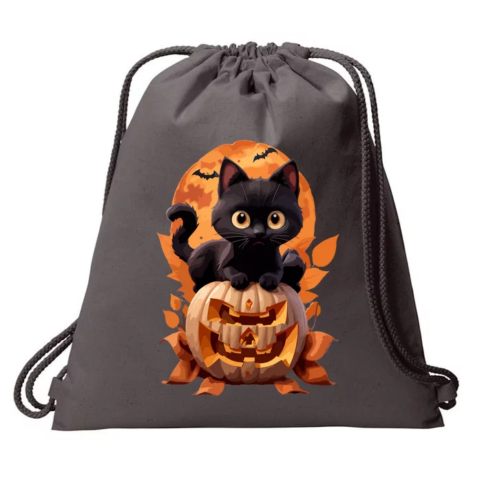 Funny Black Cat Halloween Pumpkin Cat Lover Gift Drawstring Bag