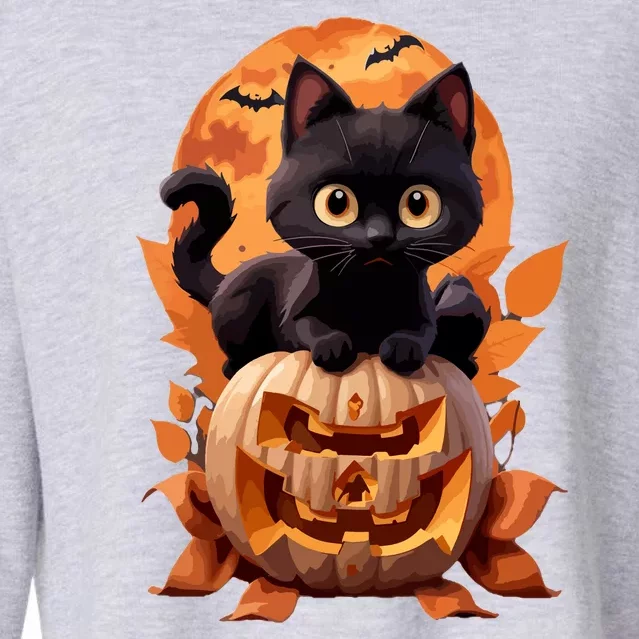 Funny Black Cat Halloween Pumpkin Cat Lover Gift Cropped Pullover Crew