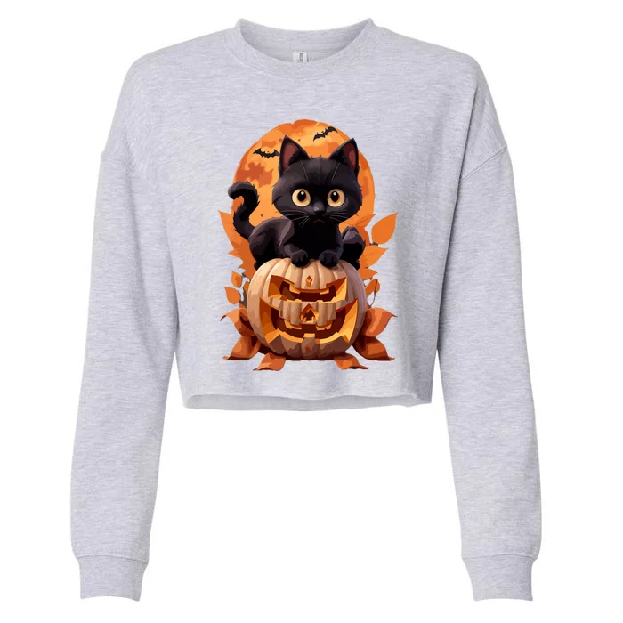 Funny Black Cat Halloween Pumpkin Cat Lover Gift Cropped Pullover Crew