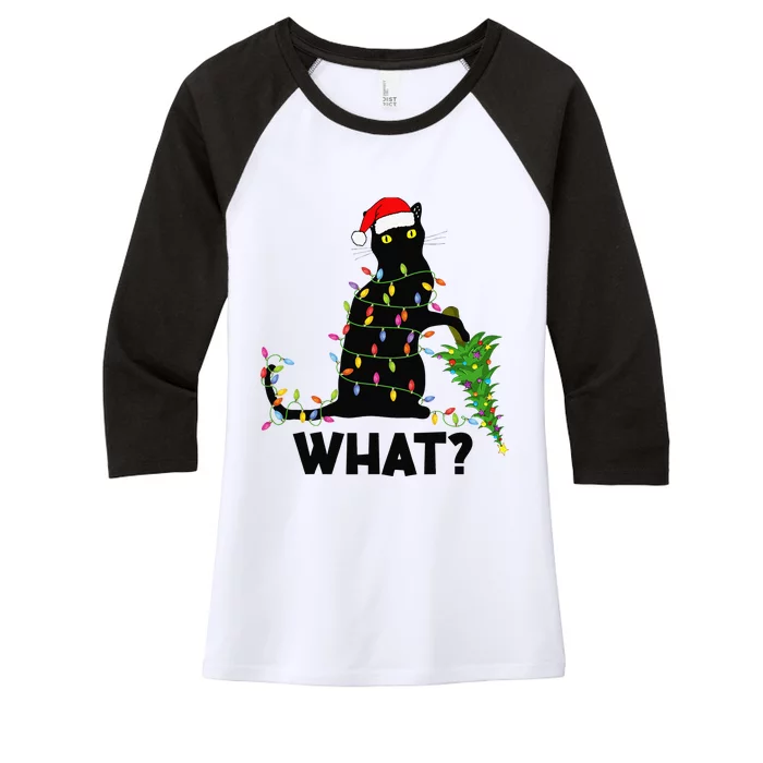 Funny Black Cat Pushing Christmas Tree Over Cat Christmas Women's Tri-Blend 3/4-Sleeve Raglan Shirt