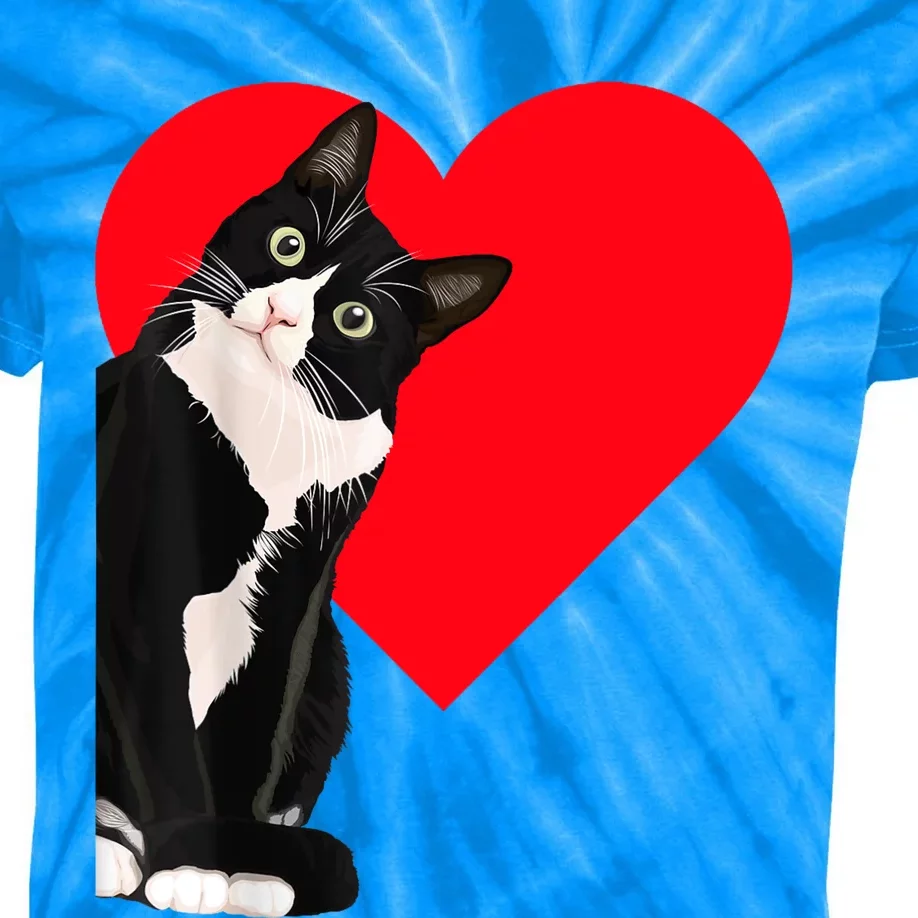 Funny Black Cat ValentineS Day Heart Tuxedo Cat Lover Kids Tie-Dye T-Shirt