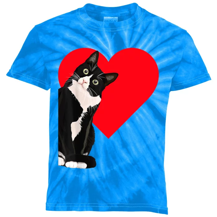 Funny Black Cat ValentineS Day Heart Tuxedo Cat Lover Kids Tie-Dye T-Shirt