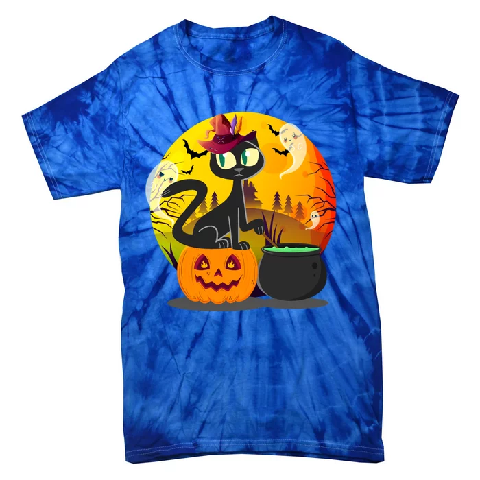 Funny Black Cat Full Moon With Witch Hat Halloween Costume Gift Tie-Dye T-Shirt