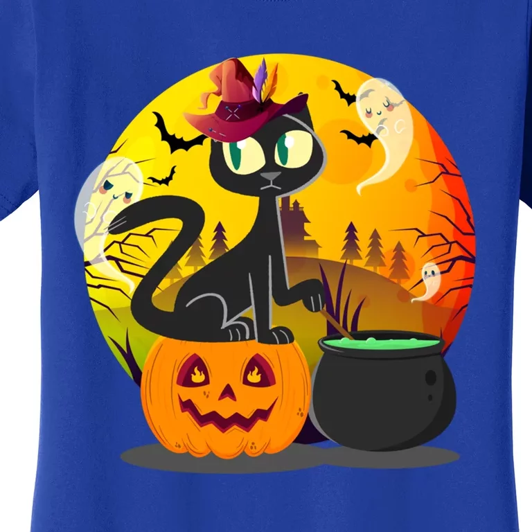 Funny Black Cat Full Moon With Witch Hat Halloween Costume Gift Women's T-Shirt