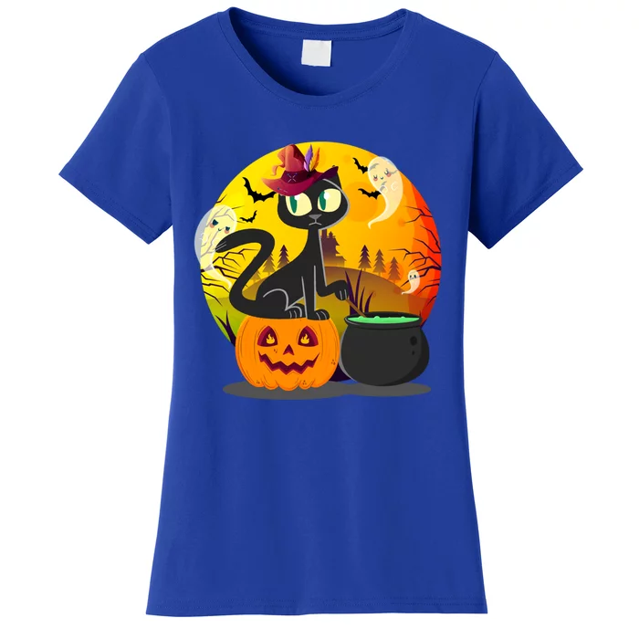 Funny Black Cat Full Moon With Witch Hat Halloween Costume Gift Women's T-Shirt