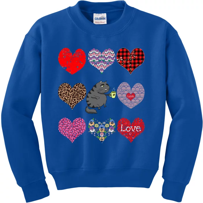 Funny Black Cat Hearts Pattern Coffee Lover Valentines Day Meaningful Gift Kids Sweatshirt