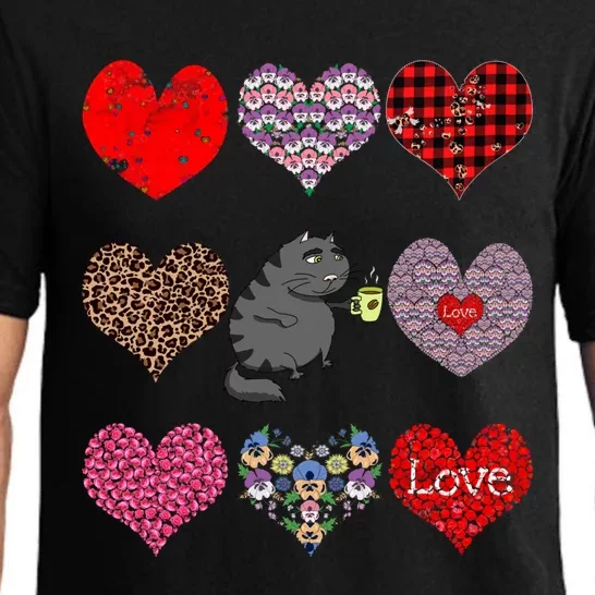 Funny Black Cat Hearts Pattern Coffee Lover Valentines Day Gift Pajama Set