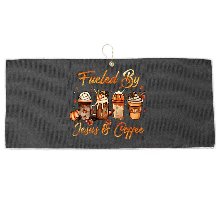 Fueled By Coffee Pumpkin Spice Jesus Autumn Thanksgiving Large Microfiber Waffle Golf Towel