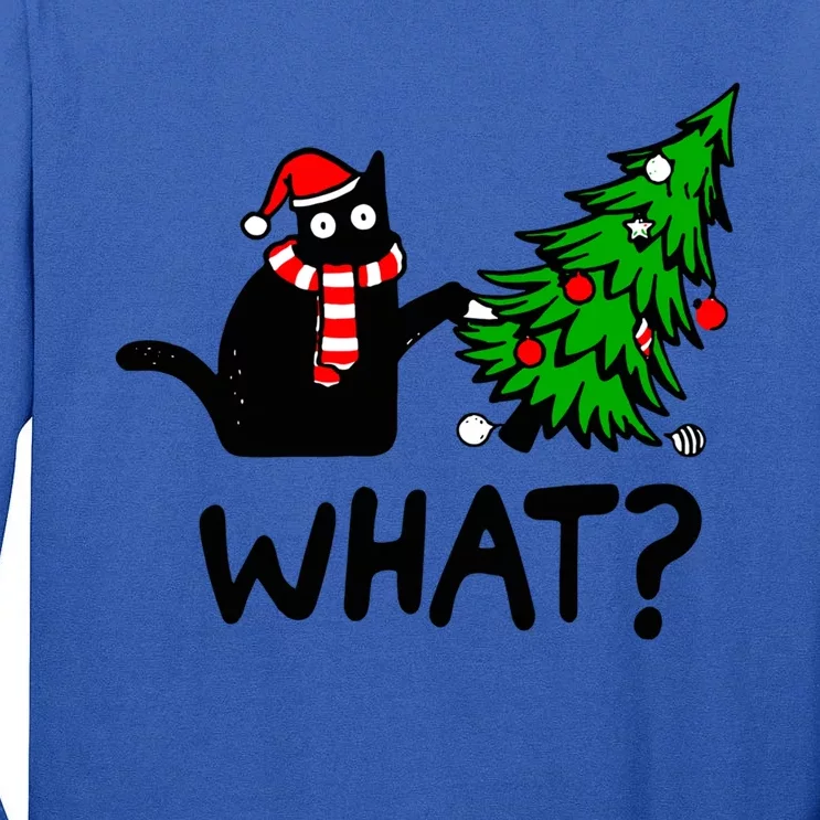 Funny Black Cat Gift Pushing Christmas Tree Over Cat What? Great Gift Tall Long Sleeve T-Shirt