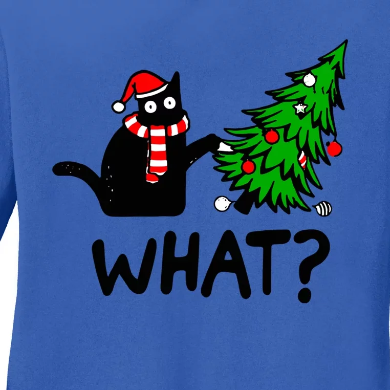 Funny Black Cat Gift Pushing Christmas Tree Over Cat What? Great Gift Ladies Long Sleeve Shirt