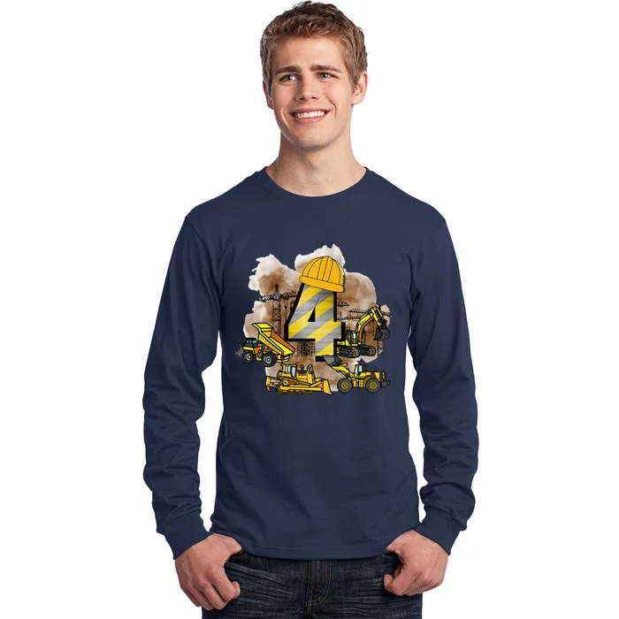 Fourth Birthday Construction Retro Cool Theme Tall Long Sleeve T-Shirt