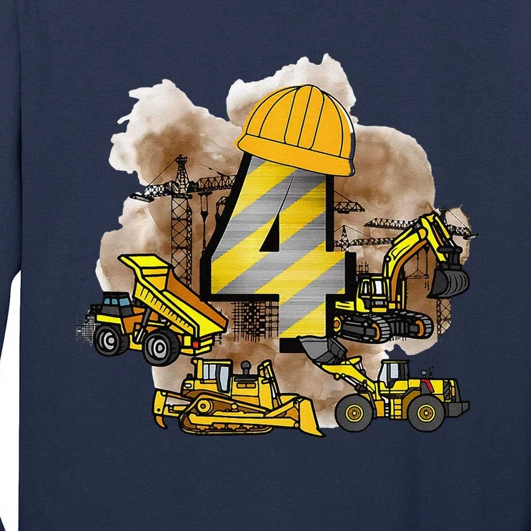 Fourth Birthday Construction Retro Cool Theme Tall Long Sleeve T-Shirt