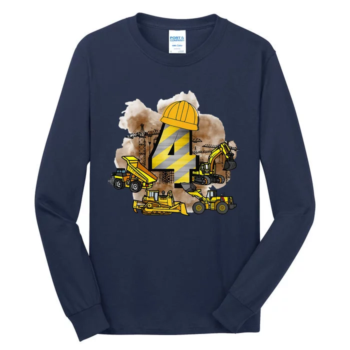 Fourth Birthday Construction Retro Cool Theme Tall Long Sleeve T-Shirt