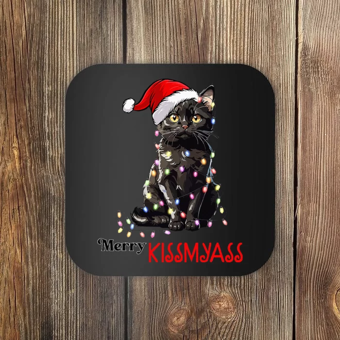 Funny Black Cat Merry Kissmyass Xmas Pajamas Chritsmas Coaster