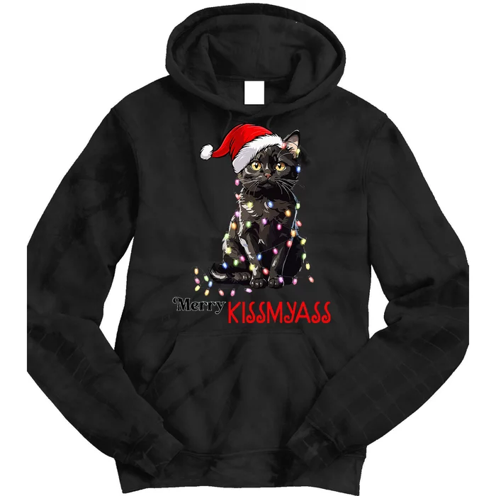 Funny Black Cat Merry Kissmyass Xmas Pajamas Chritsmas Tie Dye Hoodie