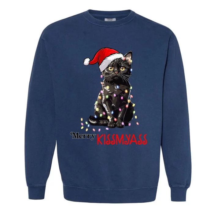 Funny Black Cat Merry Kissmyass Xmas Pajamas Chritsmas Garment-Dyed Sweatshirt