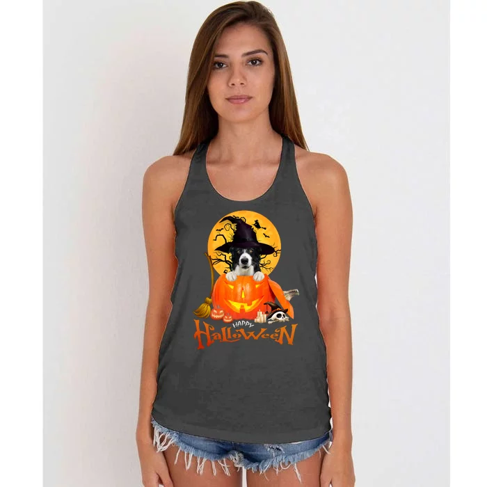 Funny Border Collie Dog Spooky Halloween Women's Knotted Racerback Tank