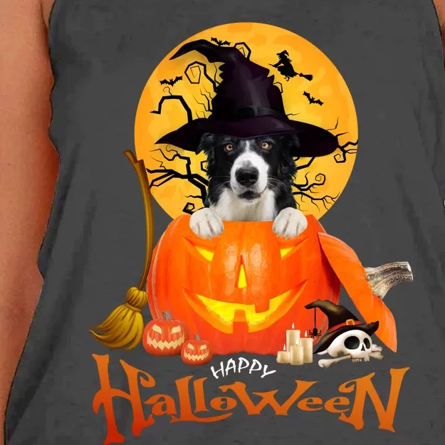 Funny Border Collie Dog Spooky Halloween Women's Knotted Racerback Tank