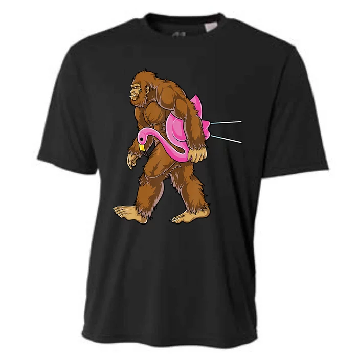 Funny Bigfoot Carry Flamingo Walking Sasquatch Believe Cooling Performance Crew T-Shirt