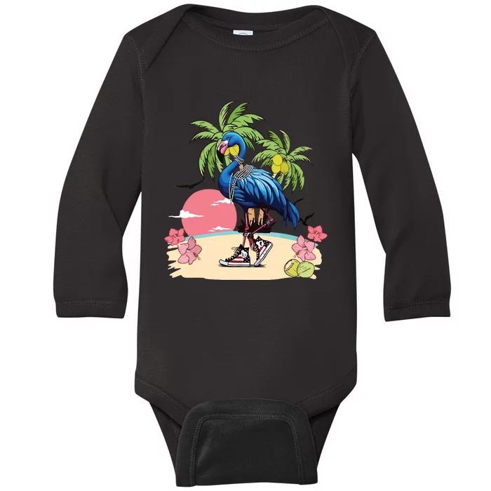 Flamingo Blue Chucks And Pearls Funny Coconut Tree Women Baby Long Sleeve Bodysuit