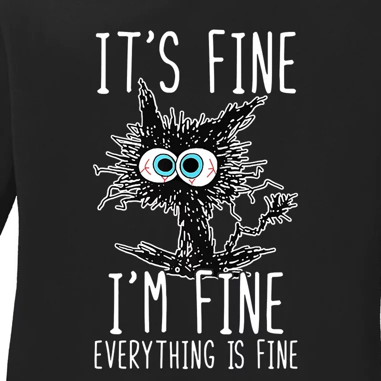 Funny Black Cat It's Fine I'm Fine Everything Is Fine Ladies Long Sleeve Shirt