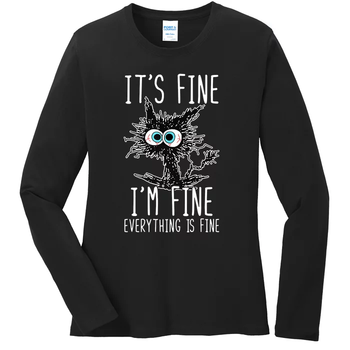 Funny Black Cat It's Fine I'm Fine Everything Is Fine Ladies Long Sleeve Shirt