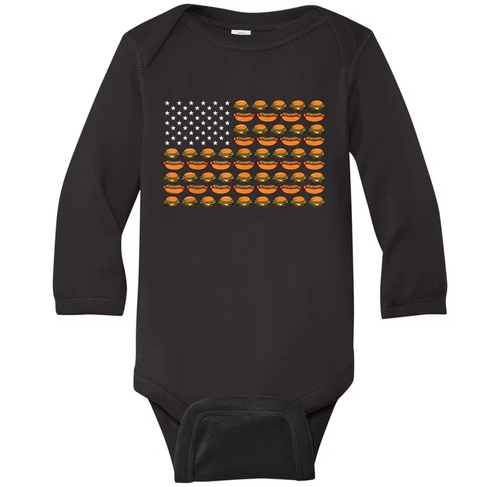 Funny Bbq Cookout Hotdog Hamburger American Flag Barbeque Baby Long Sleeve Bodysuit